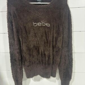 Y2K, rhinestone, Bebe Chocolate Fuzzy Crew Neck Sweater